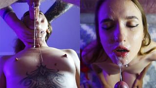 Fiatal szájával nyaldossa a kárója édes édes ballsait, majd arcába spriccel a forró élvez